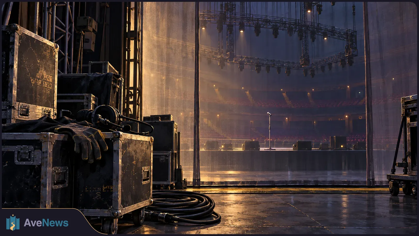 Backstage view of an empty arena stage, with road cases, gloves and coiled cables in the foreground and a microphone stand beyond. SI illustration