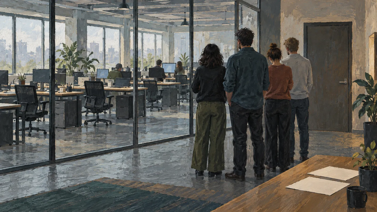Four people stand with their backs to the viewer beside a glass-walled office, where others sit at computer desks. SI illustration