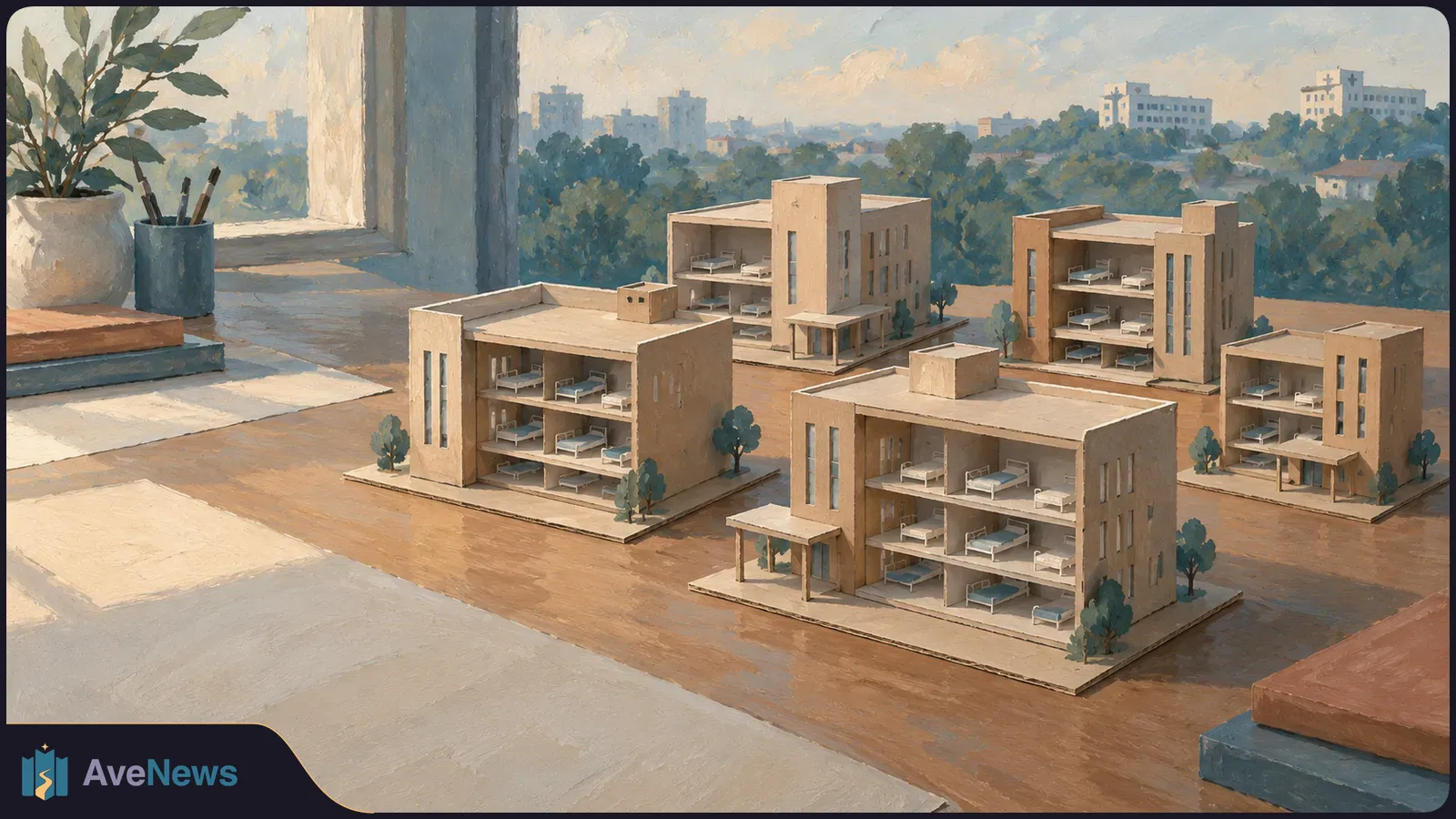 Five model buildings with rows of beds sit on a desk beside papers, brushes and a potted plant. A leafy city skyline is visible through the window. SI illustration