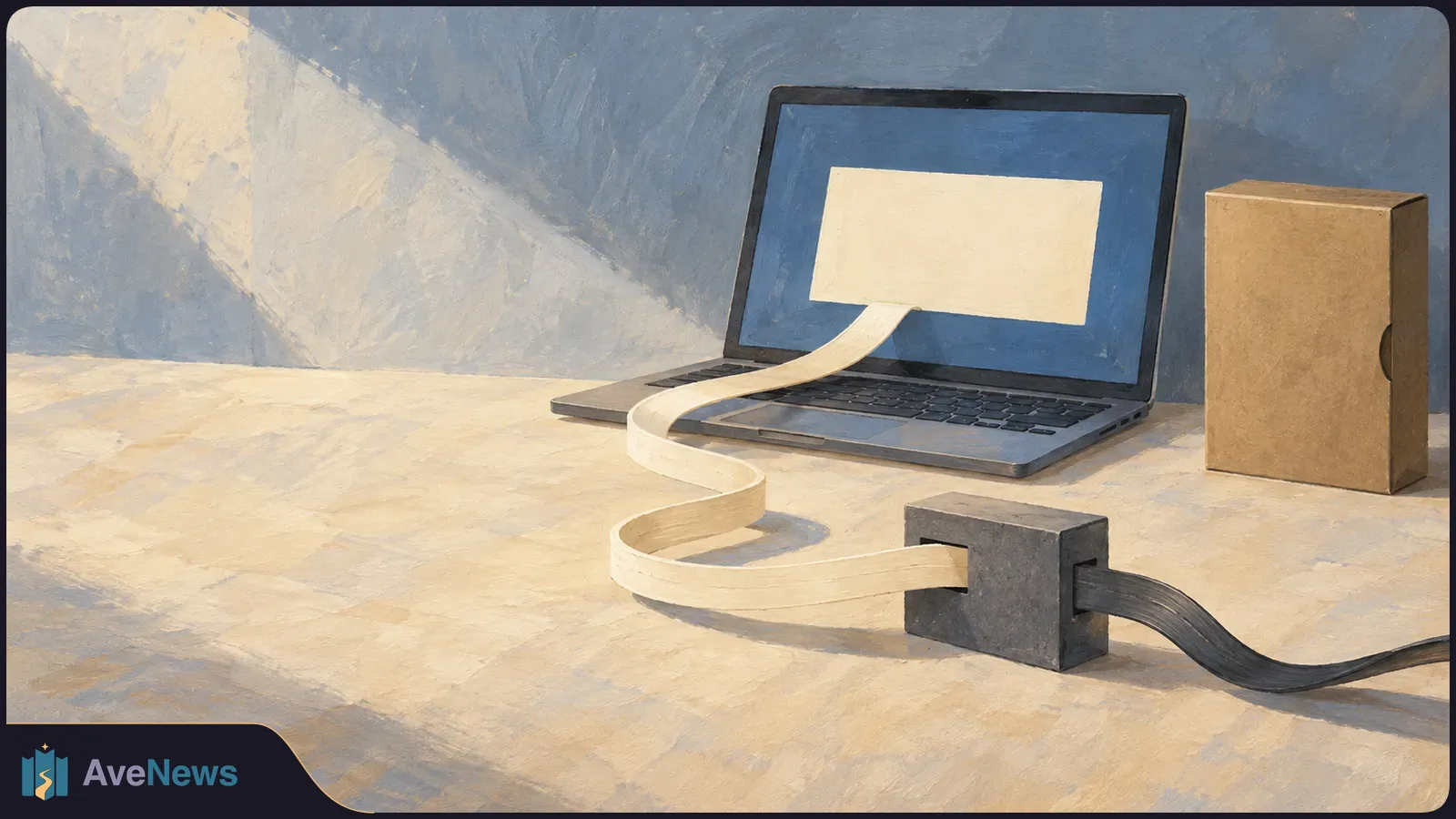 Painted laptop on a desk with a blank pale rectangle on its screen. A cream ribbon winds into a gray block and emerges dark; a cardboard box stands beside it. SI illustration