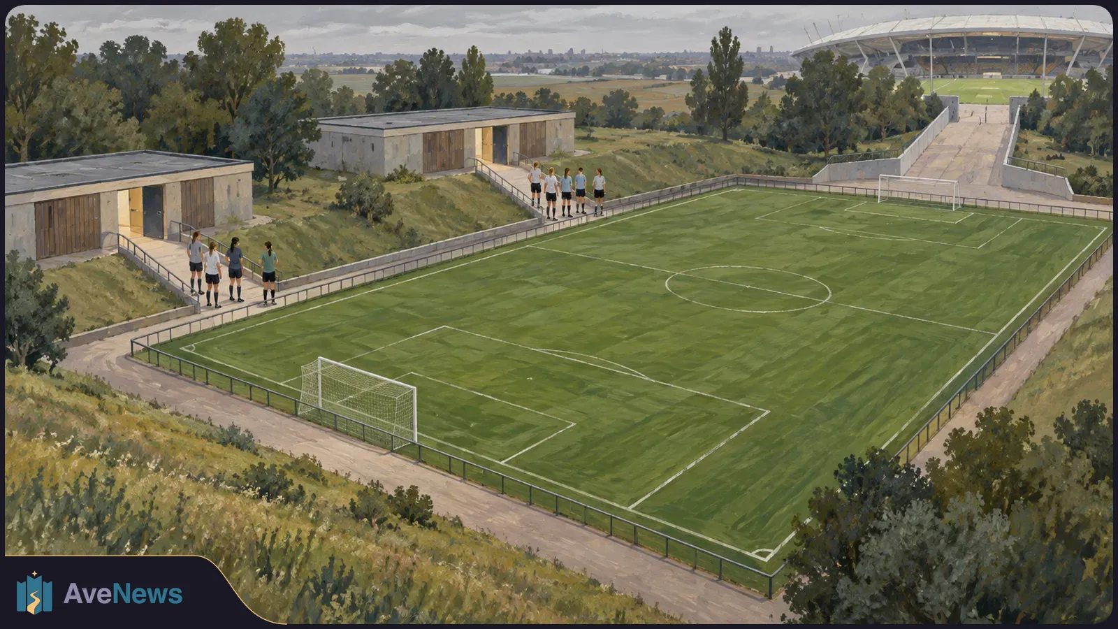 Painted view of a fenced soccer field with two goals, small groups of players beside it, low buildings, trees and a stadium in the distance. SI illustration