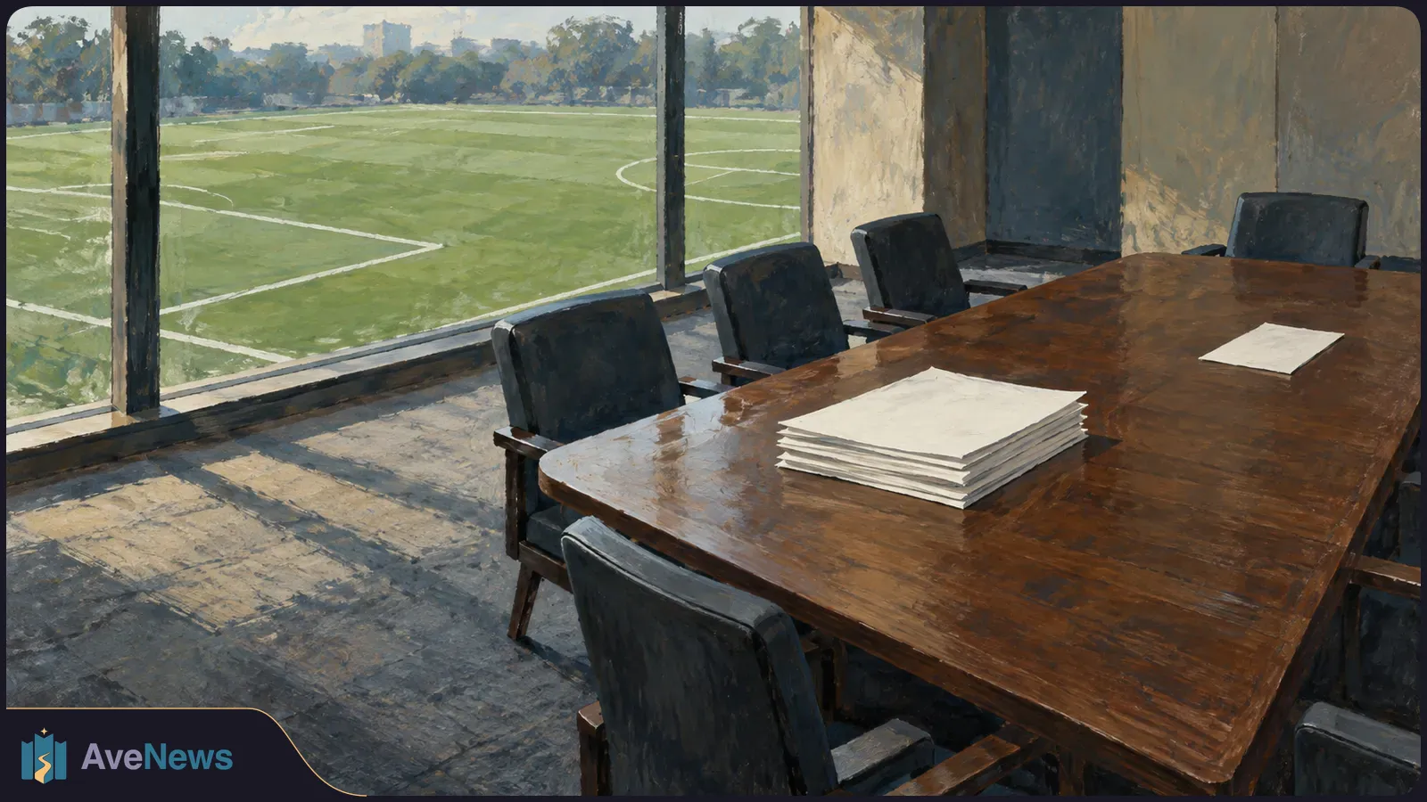 Painted empty meeting room with dark chairs around a wooden table, blank papers on top, and a football field visible through large windows. SI illustration