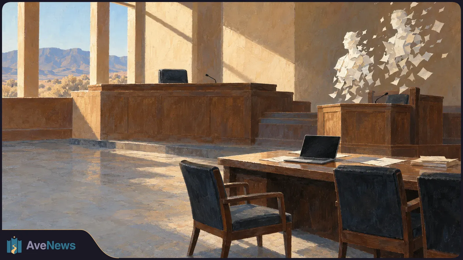 Painted courtroom with an open laptop and papers on a table; two ghostlike figures made of paper fragments stand near the benches. SI illustration