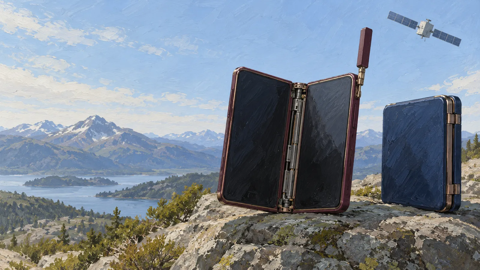 A painting of an open dark-red foldable device with an antenna and a closed blue device on a rocky overlook, with a satellite above a mountain lake. SI illustration