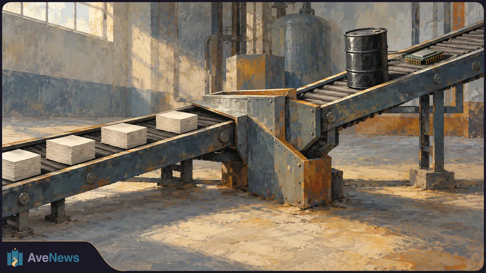 Painted industrial scene with two conveyor belts meeting at a junction: stacks of blank paper on one belt, a black barrel and a small microchip on the other. SI illustration