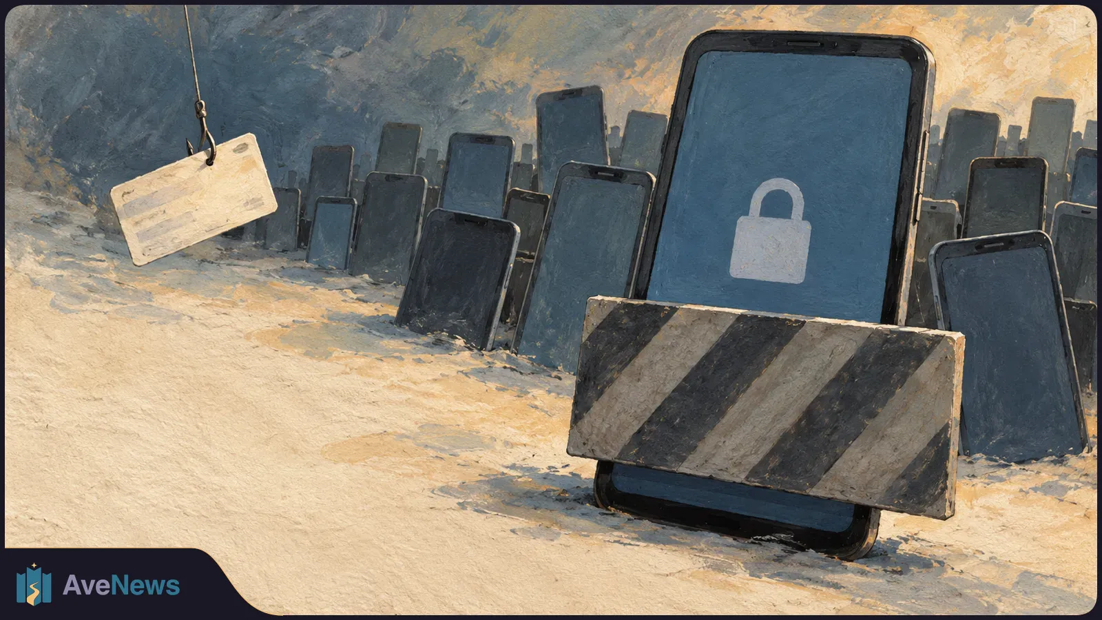 Painted illustration of a large phone showing a closed padlock behind a striped barrier, with other dark phones in the background and a blank tag hanging at left. SI illustration