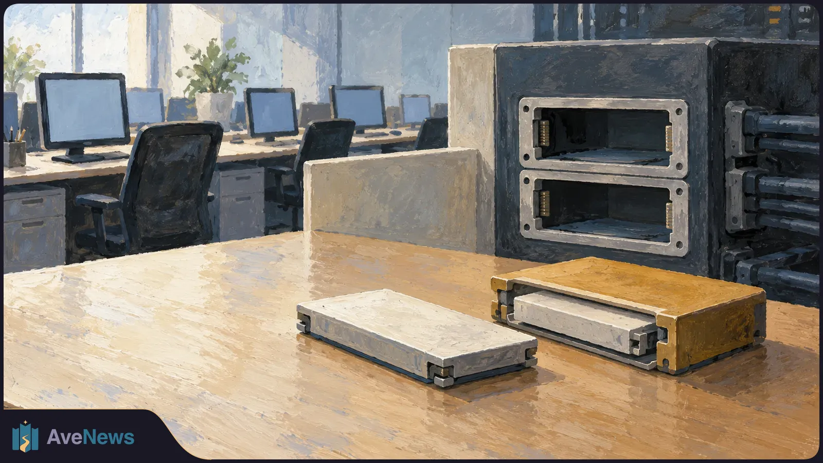Painterly illustration of two rectangular storage devices on a desk beside equipment with empty bays. Blank monitors and office chairs are in the background. SI illustration