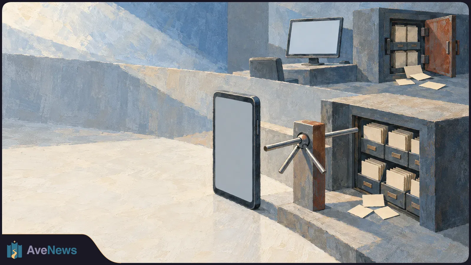 Painted scene of a blank-screen phone beside a turnstile and open drawers of paper files; a blank monitor and open safe stand behind them. SI illustration