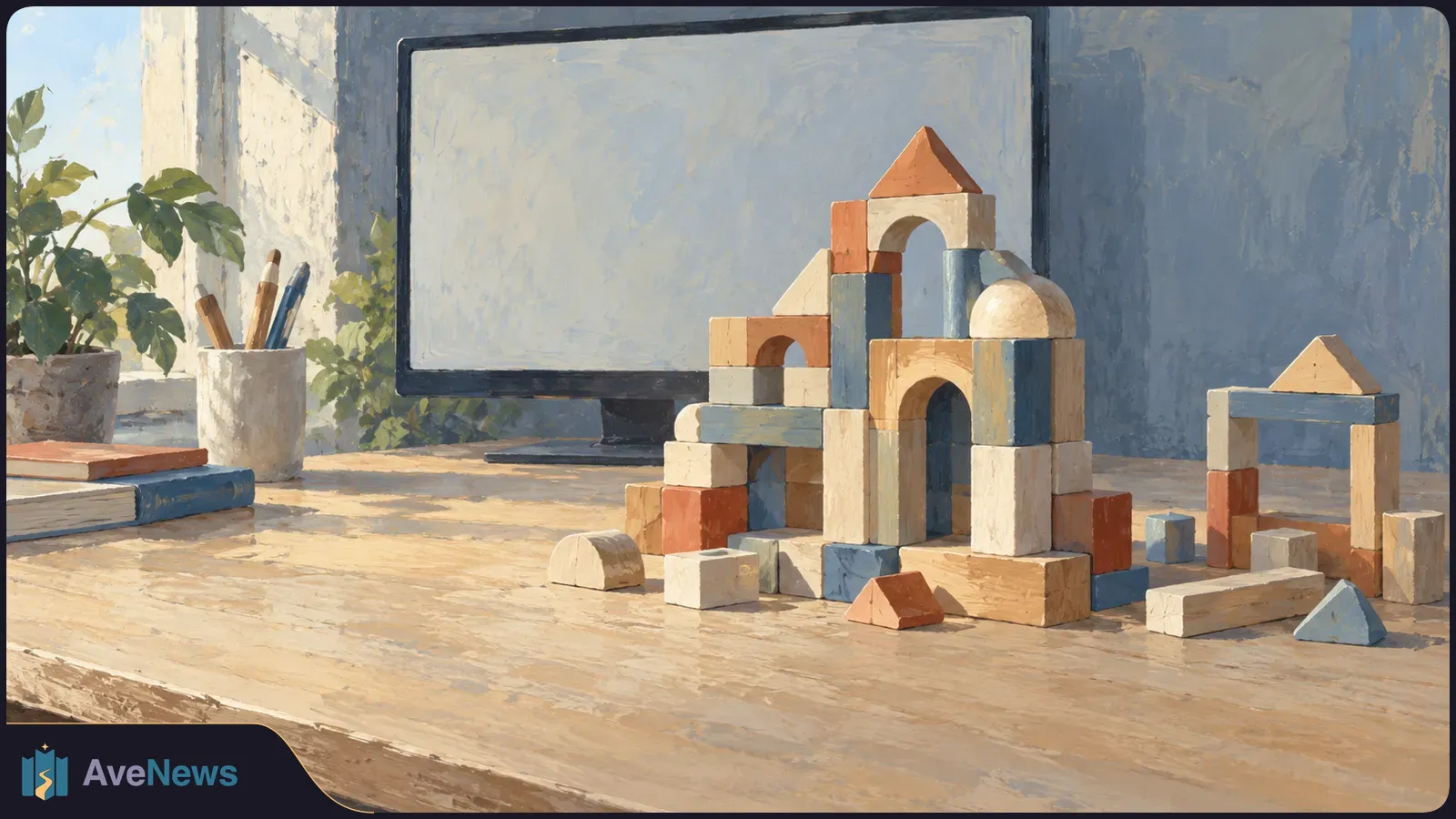 Painted scene of wooden building blocks arranged into small structures on a desk beside a blank computer monitor, with pencils and plants by a window. SI illustration