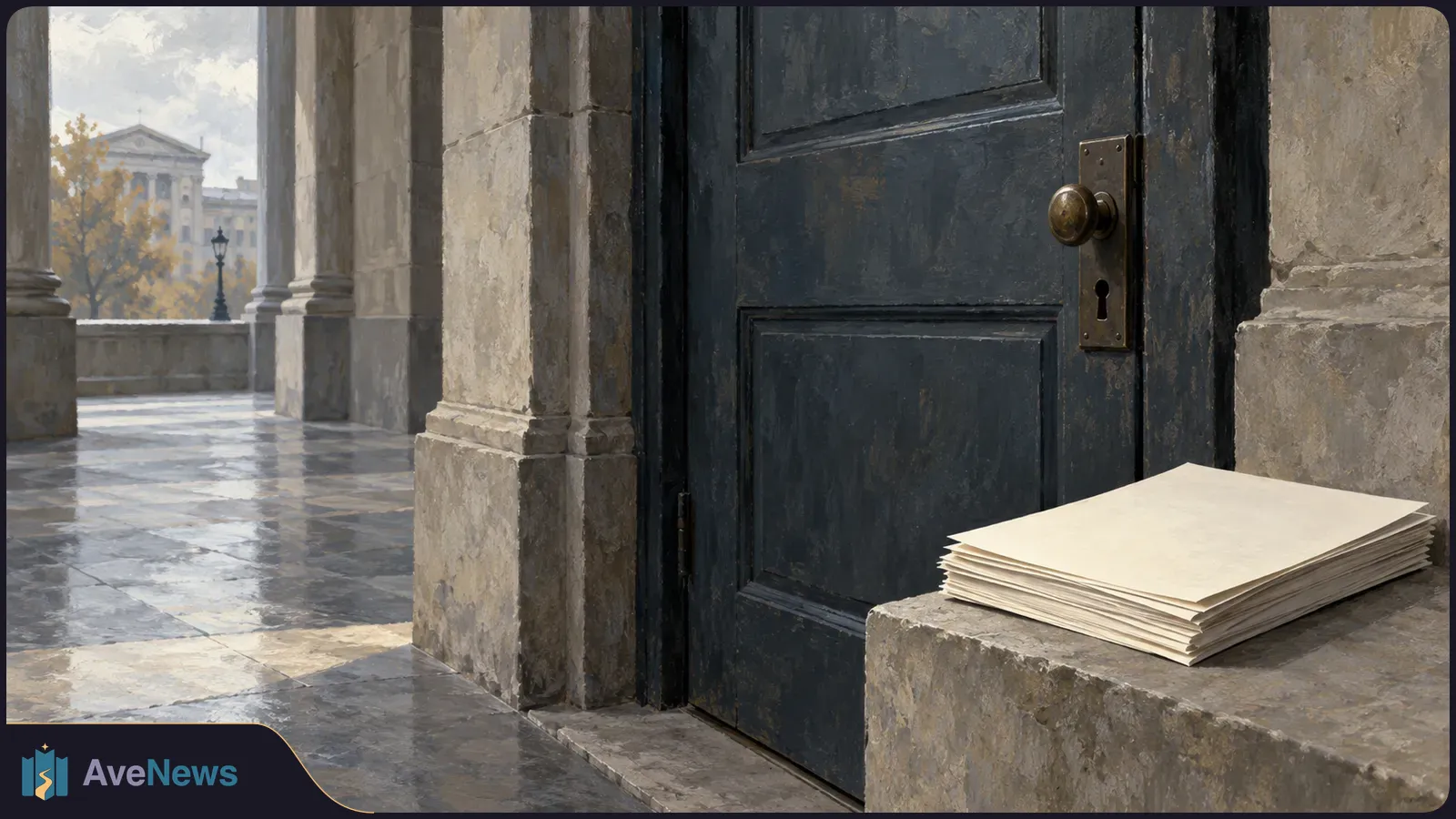 A stack of blank papers rests on a stone ledge beside a dark door. Columns frame a paved courtyard, with a building and autumn trees in the distance. SI illustration