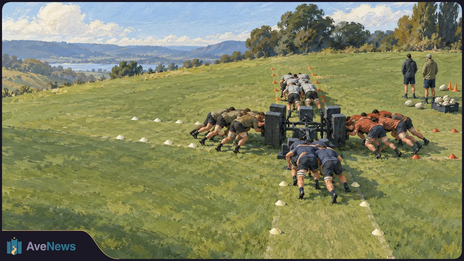 Painterly illustration of four groups of rugby players in different-colored shirts pushing a shared training sled across a grassy field, with coaches and rugby balls nearby. SI illustration