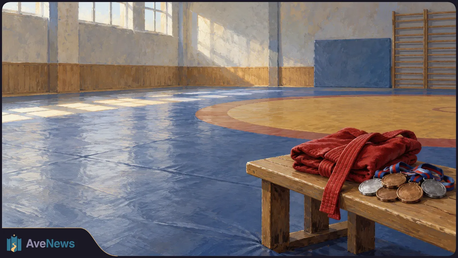 In an empty gym with a blue and yellow mat, a folded red sambo jacket and several medals rest on a wooden bench. SI illustration