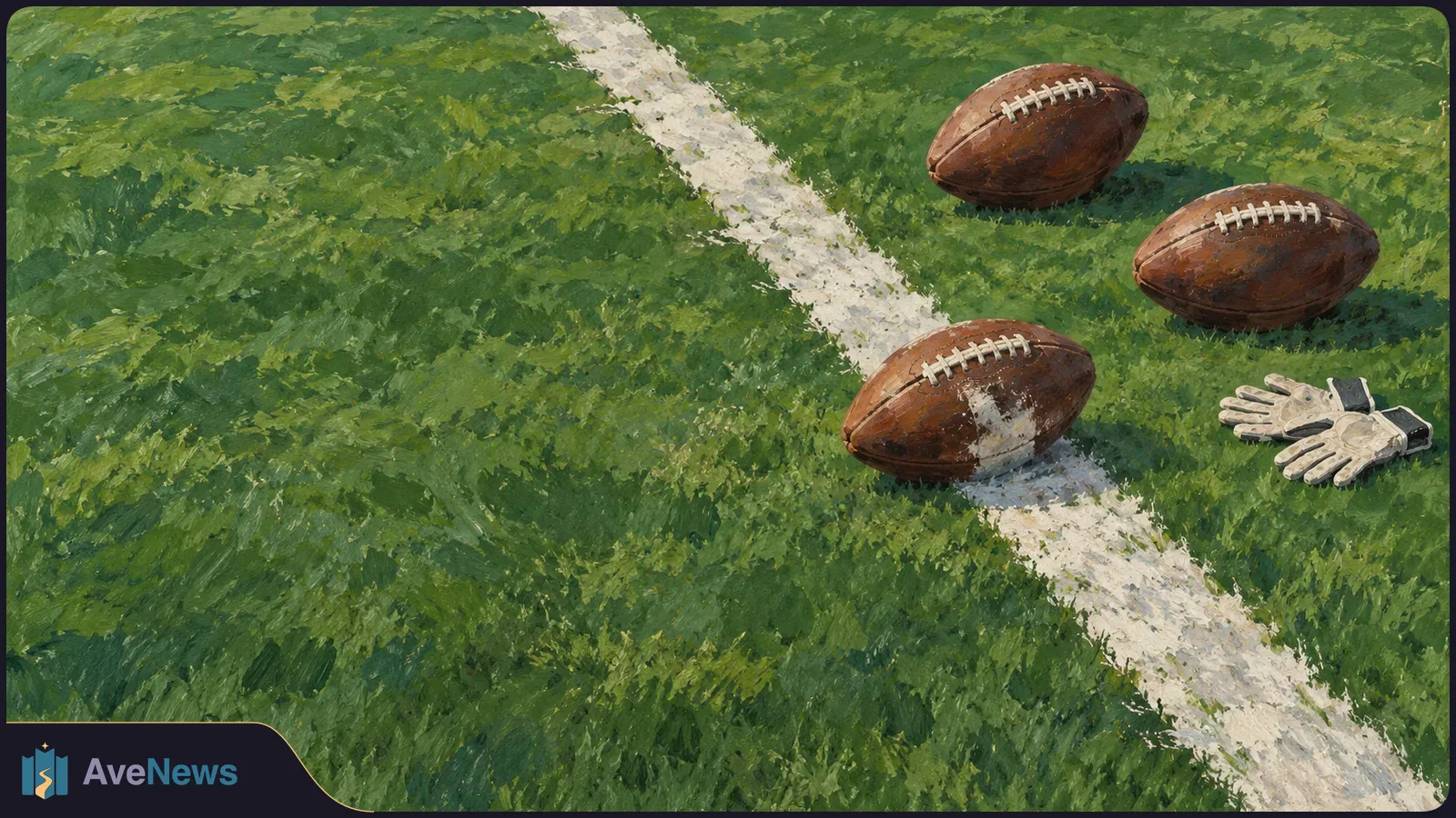 Painterly view of three brown footballs and a pair of white gloves on green turf. One ball rests across a diagonal white field line. SI illustration