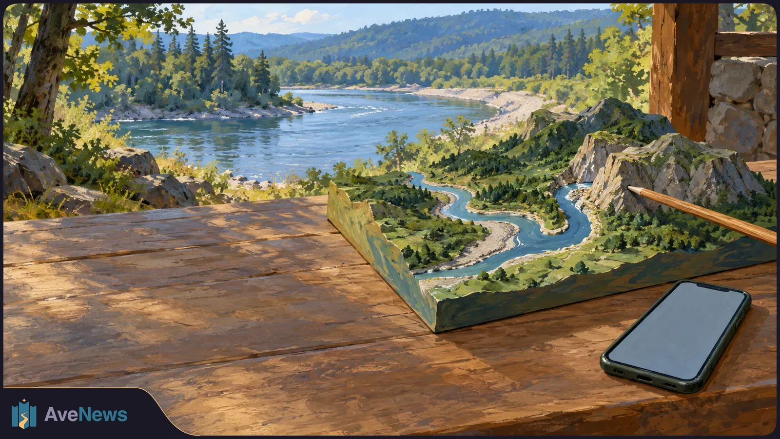 Painted riverside landscape behind a wooden table holding a miniature winding river route, a pencil pointing toward it, and a phone with a blank screen. SI illustration