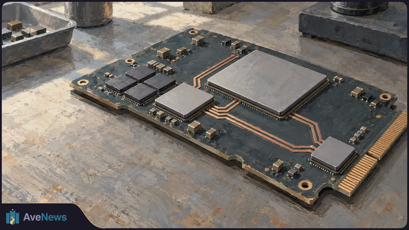 Painterly close-up of a dark circuit board with a large silver chip, several smaller chips, copper traces and gold contacts on a workbench. SI illustration