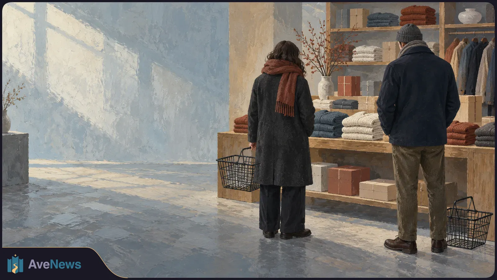 Painterly illustration of two shoppers seen from behind in a clothing store, facing shelves of folded sweaters and boxes. One holds a basket; another sits on the floor. SI illustration