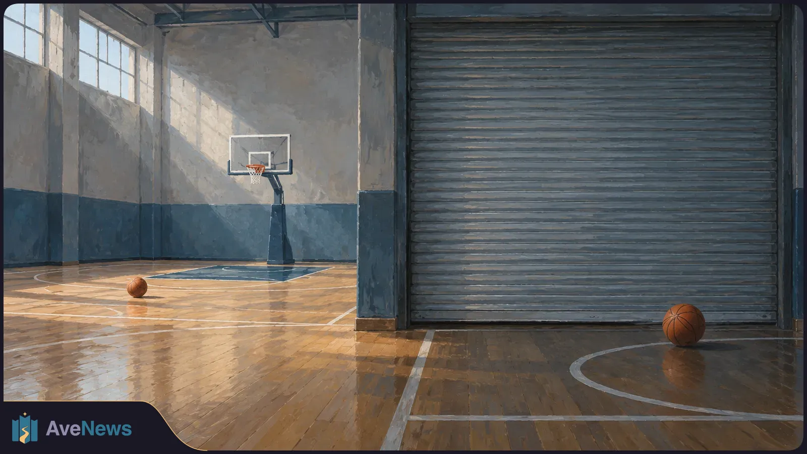 Painterly illustration of an empty basketball court divided by a closed metal shutter, with a basketball on each side and a hoop in the background. SI illustration