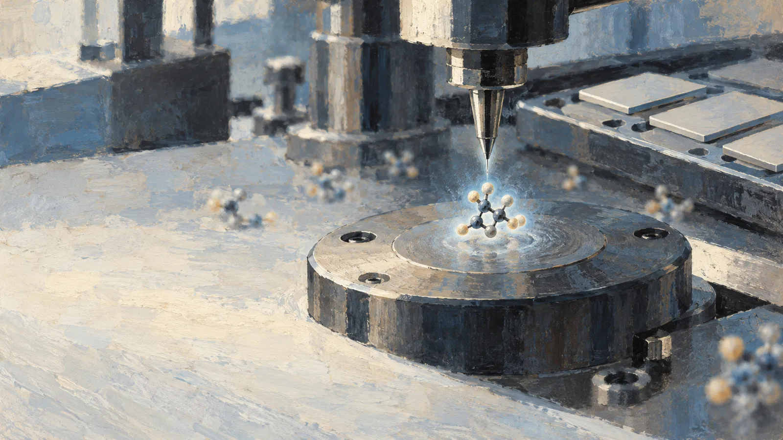 A painted laboratory scene shows a pointed instrument above a glowing ball-and-stick molecular model on a circular metal platform, with rectangular plates nearby. SI illustration