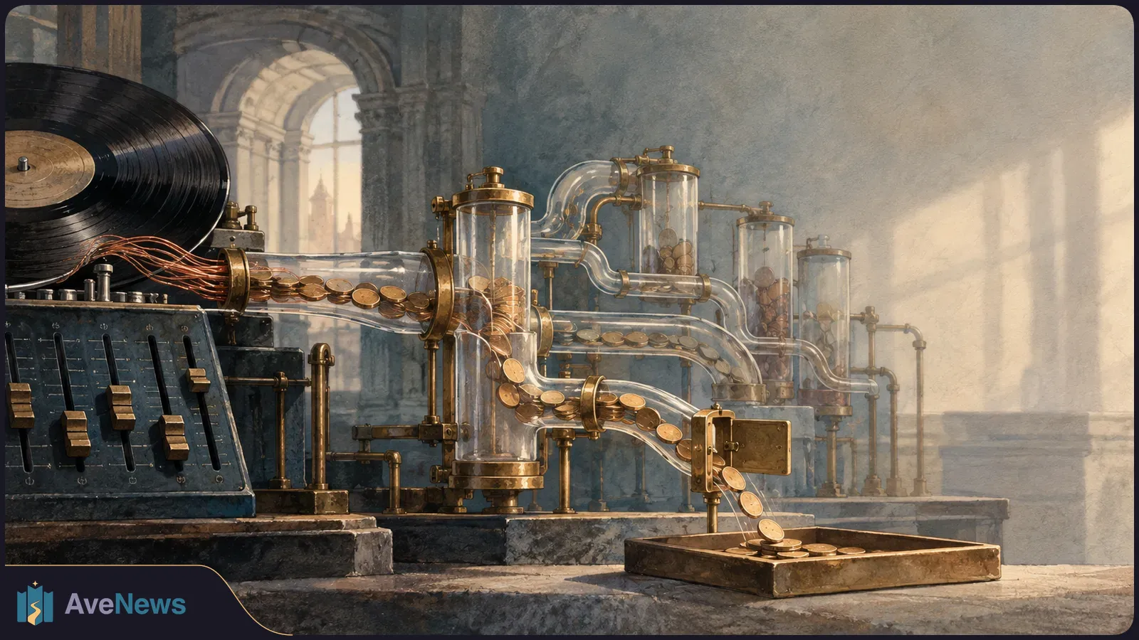 Illustration of a vinyl record beside glass tubes carrying coins into a tray, with a control panel and arched windows behind. SI illustration