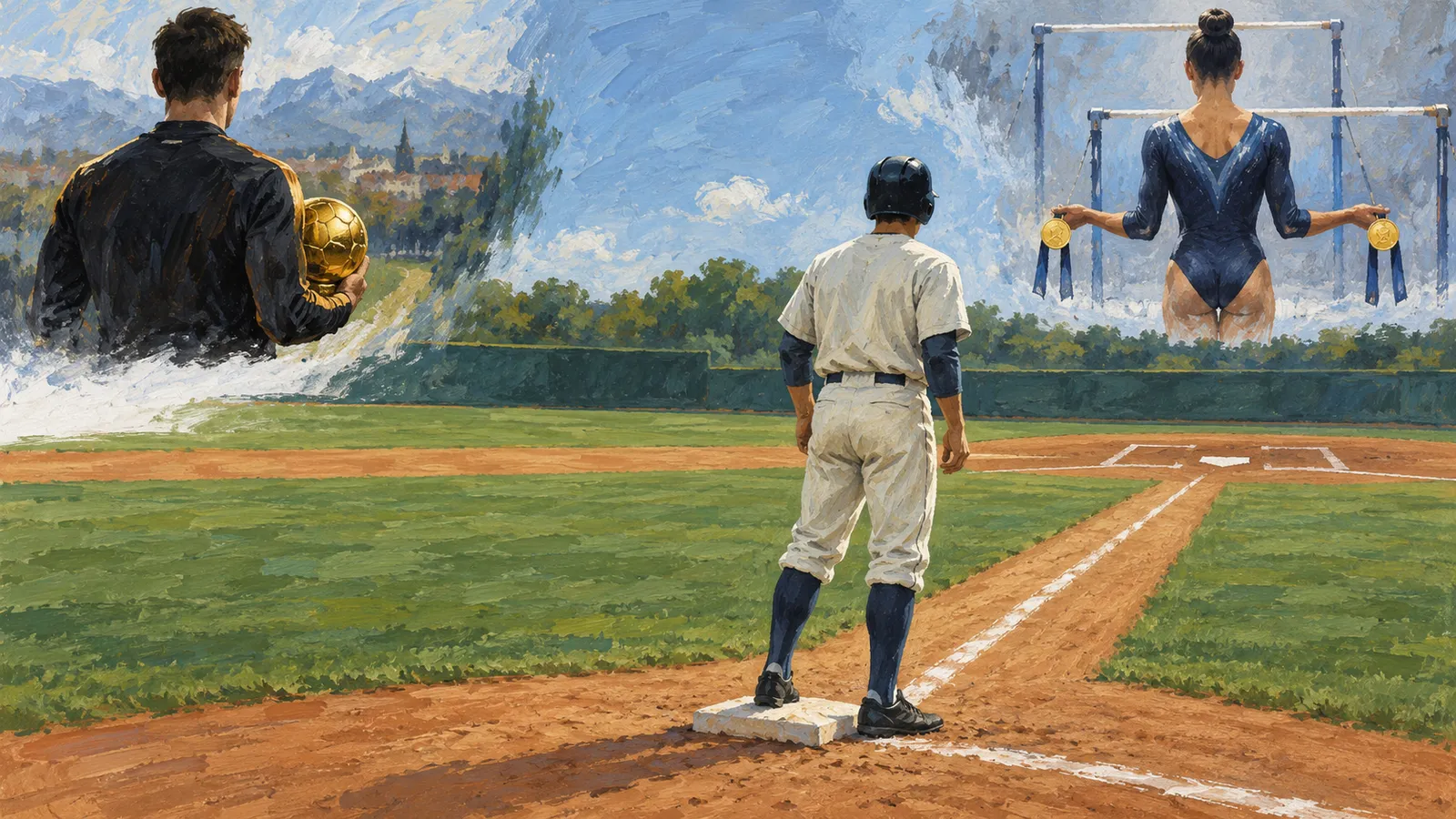 A painted baseball player stands on a base; above him are a man holding a golden football and a gymnast holding two medals beside uneven bars. SI illustration