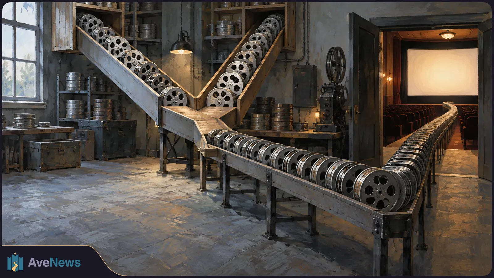Film reels line branching conveyors in a workshop, feeding a long row toward a cinema with rows of seats and a lit screen. SI illustration