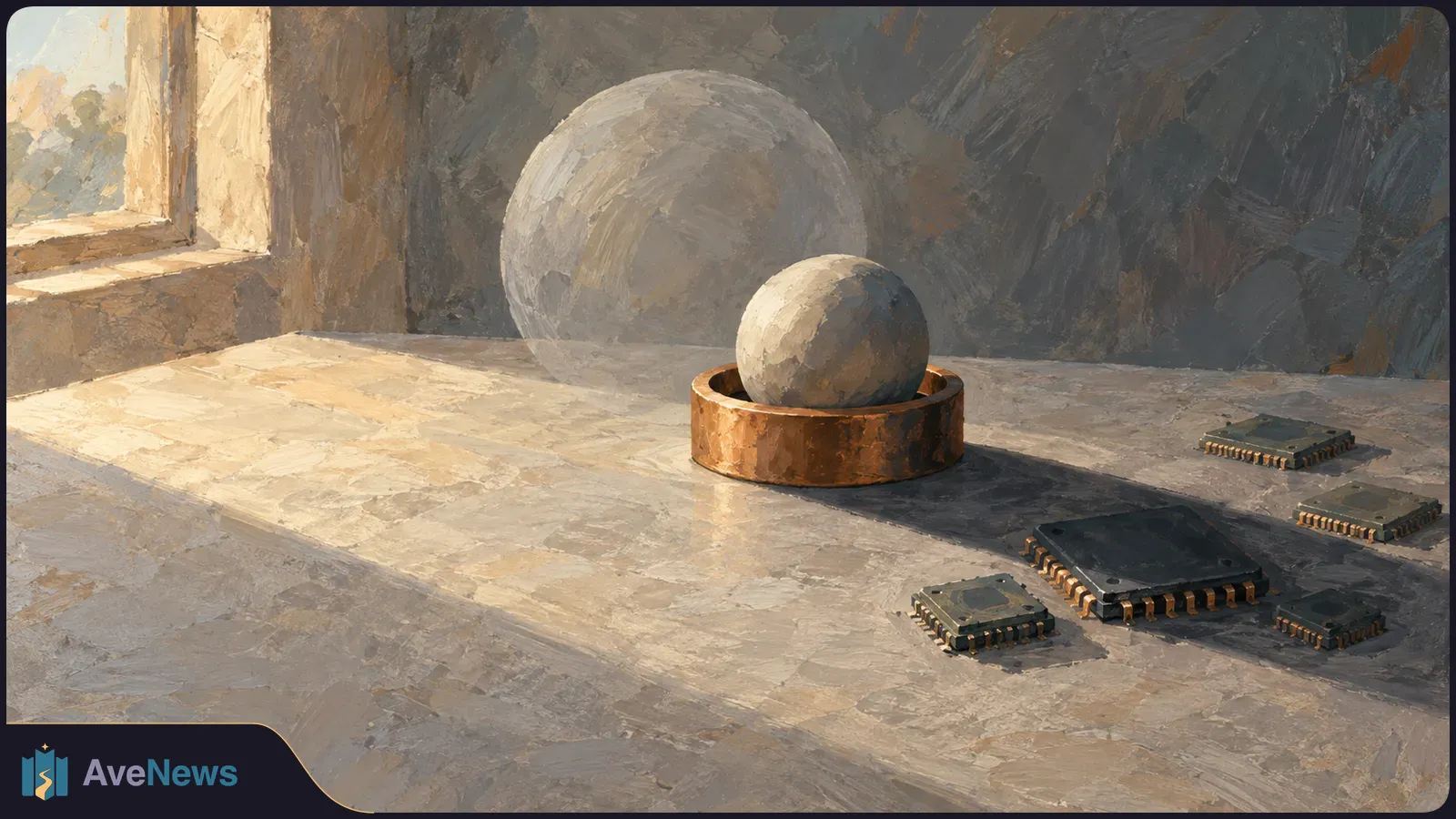 Painted scene of two gray spheres, the smaller resting in a copper-colored ring, with several black microchips on a sunlit tabletop. SI illustration
