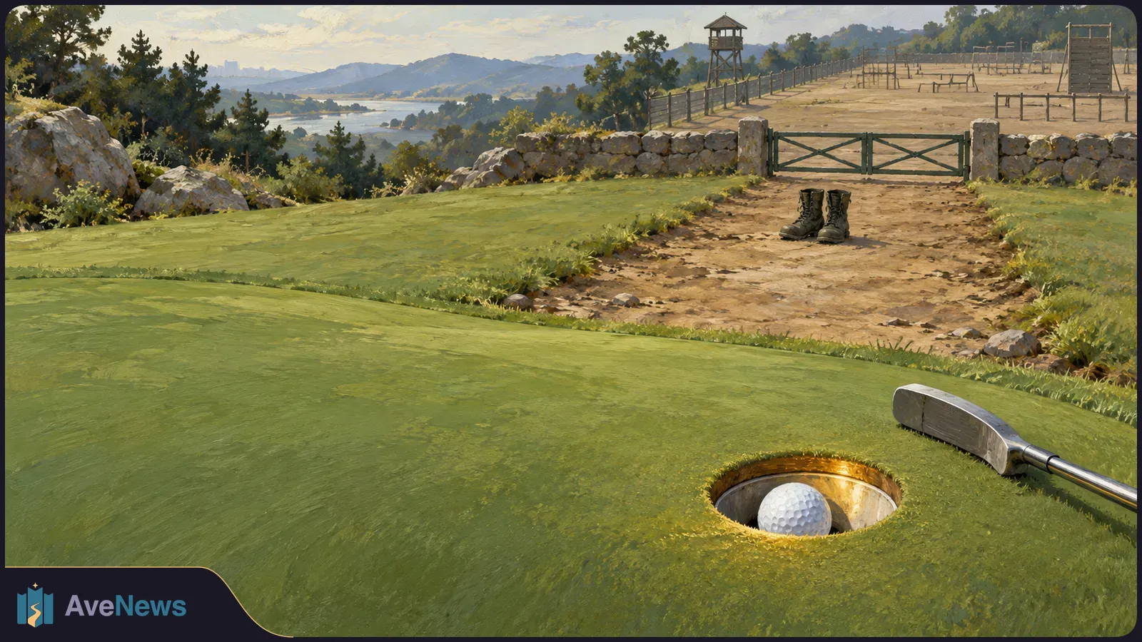 A golf ball sits in a hole beside a putter on a green. Beyond it, a pair of boots stands near a fenced training ground and watchtower. SI illustration