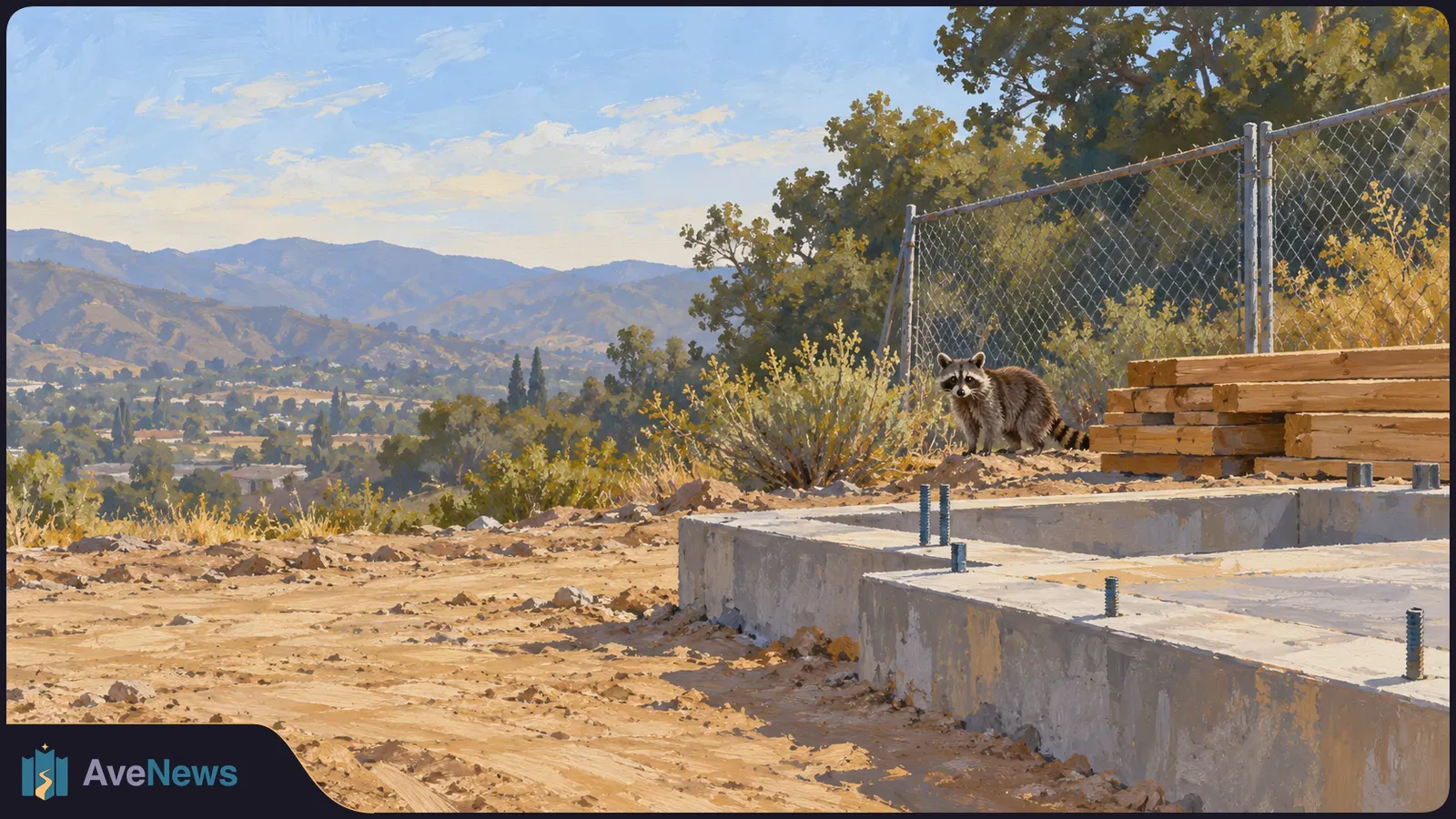 A raccoon stands beside stacked lumber and a chain-link fence at a dirt work site, with concrete foundations and hills in the distance. SI illustration