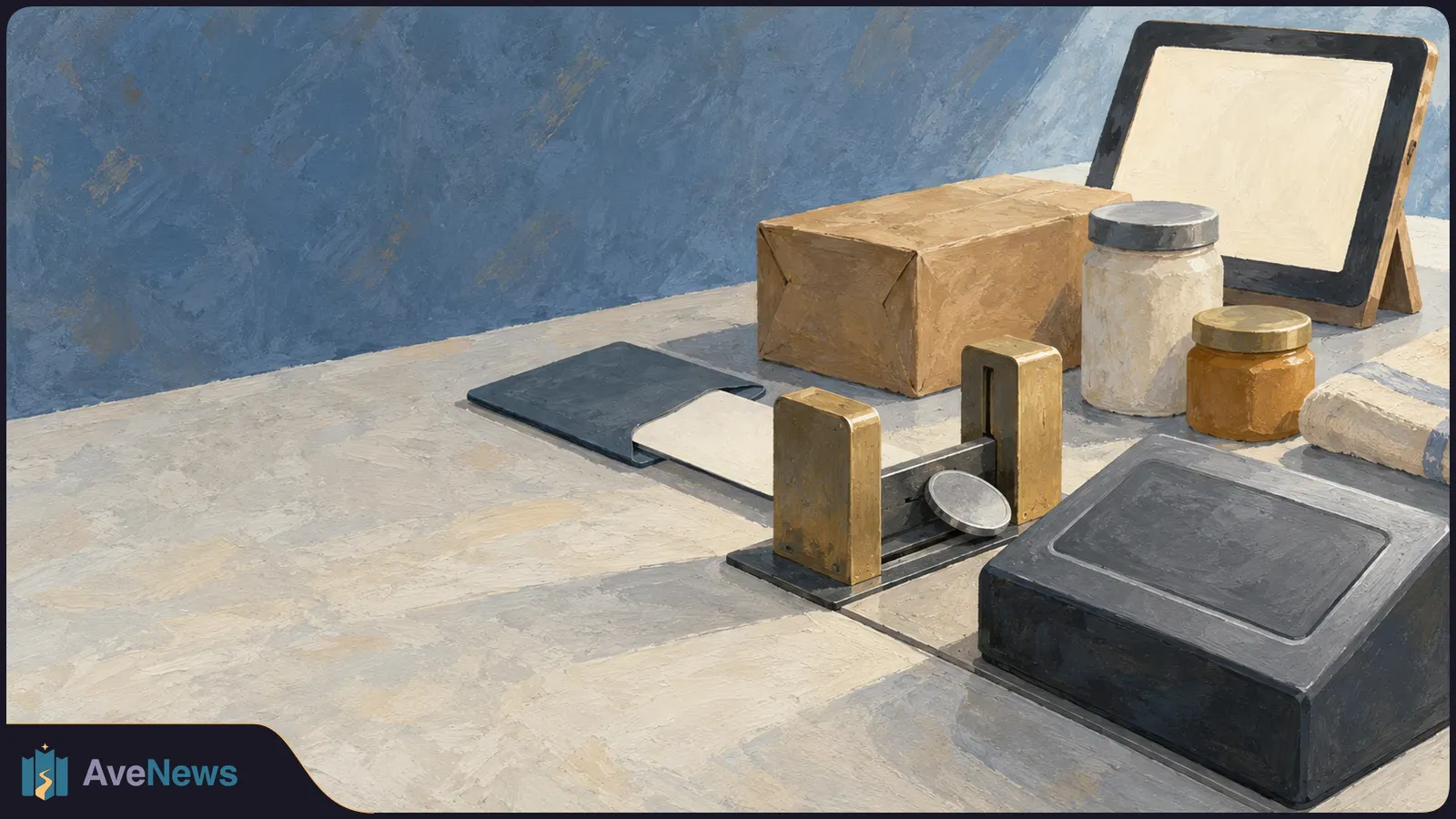 Painterly illustration of a parcel, jars, a small mechanical device and two blank screens on a tabletop. SI illustration