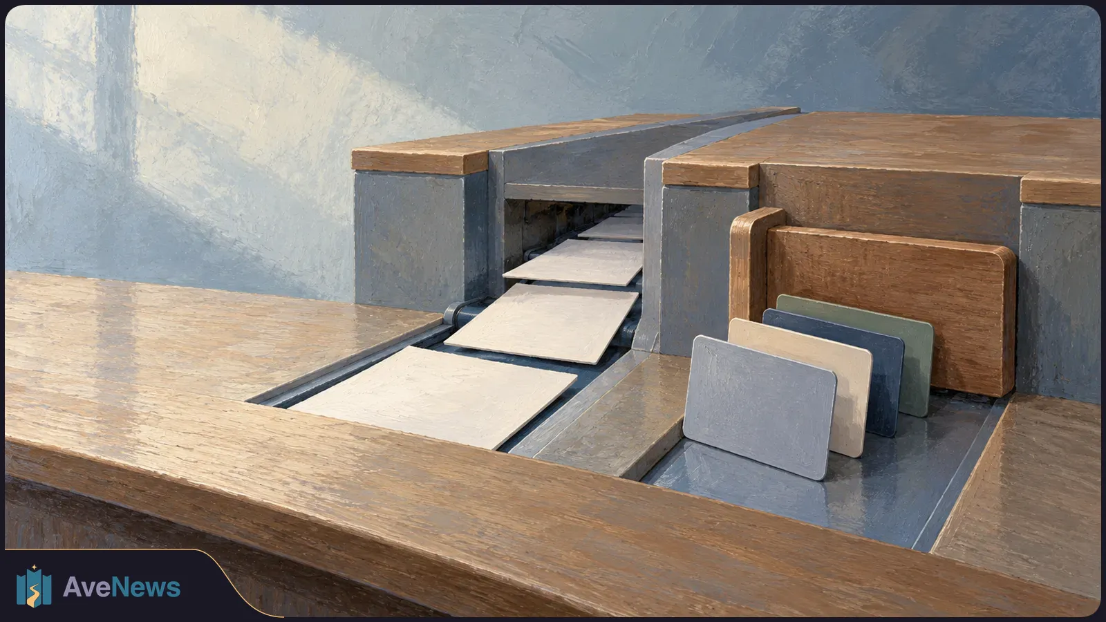 Painterly image of blank sheets passing through a slot in a wooden counter, beside four plain, card-sized rectangles. SI illustration