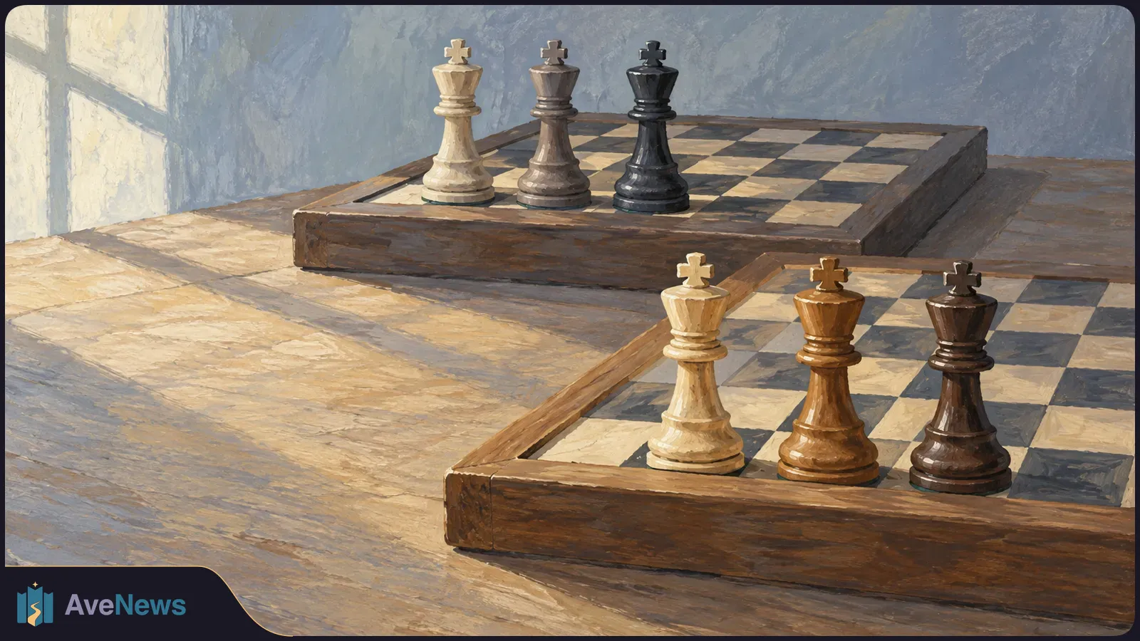 Painterly illustration of two chessboards on a sunlit table, each with three kings of different colors standing side by side. SI illustration