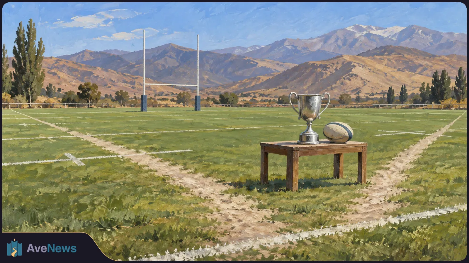 Painted rugby field with goalposts, a silver trophy and rugby ball on a small wooden table, with trees and mountains beyond. SI illustration