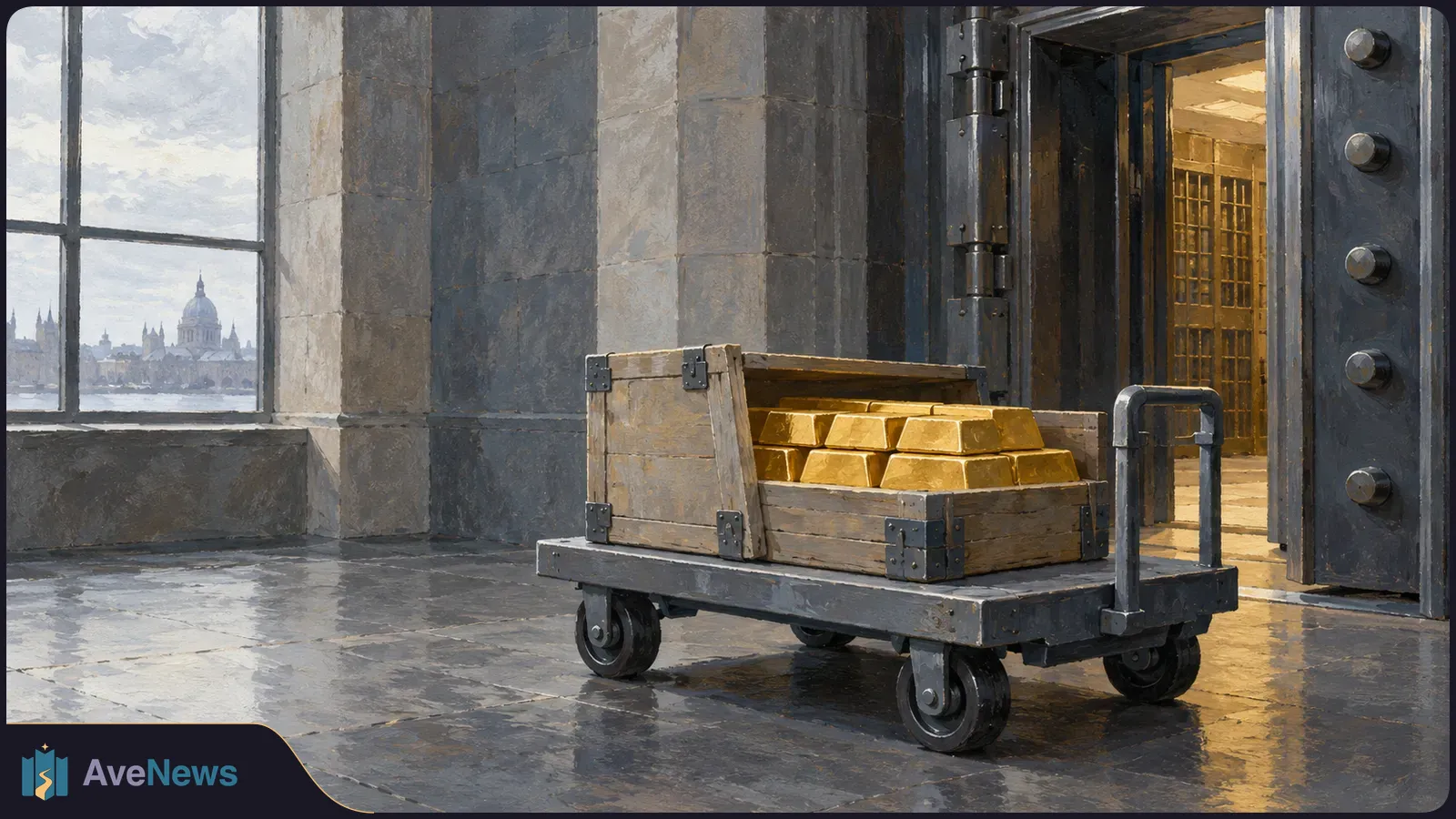 An open wooden crate of gold bars sits on a wheeled cart beside a large vault door. A city skyline is visible through a window. SI illustration