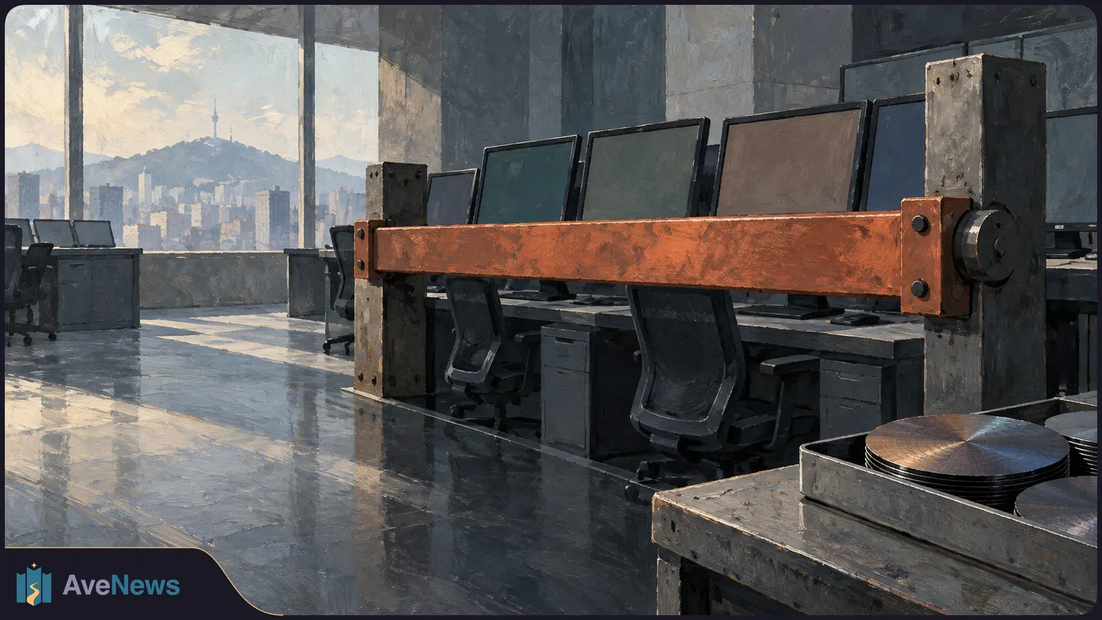 Painterly trading room with rows of dark monitors and chairs behind a rust-orange barrier; a city skyline is visible through tall windows. SI illustration