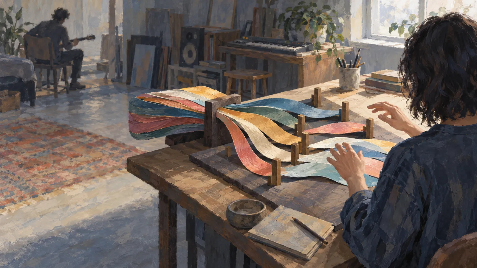 A painterly studio scene shows a person arranging colorful, ribbon-like strips on a wooden table, while another person sits with a guitar in the background. SI illustration