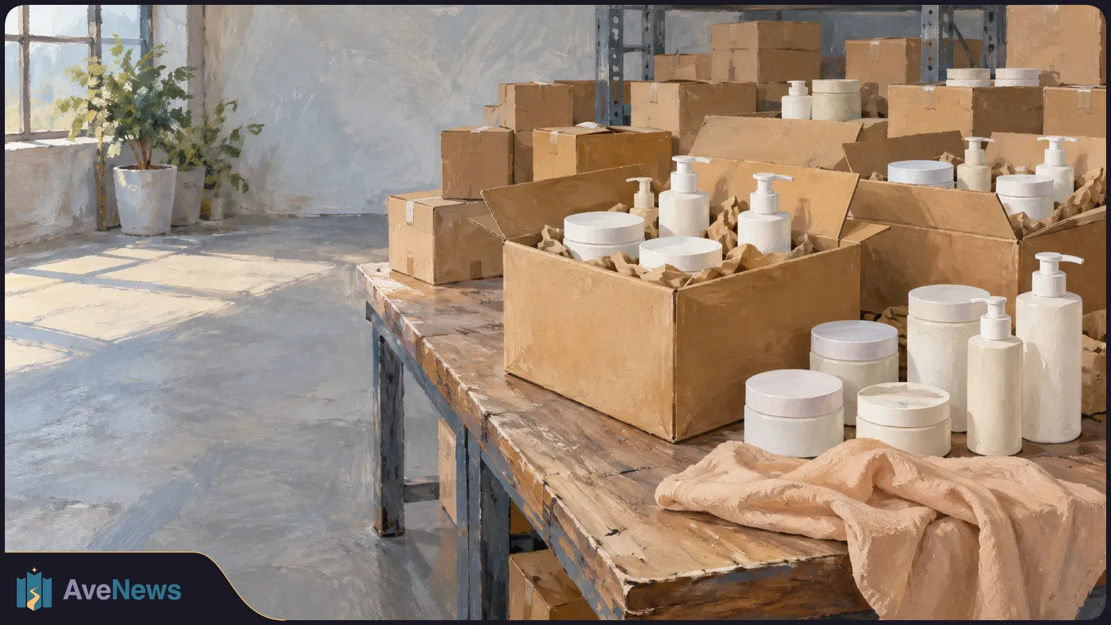 Illustration of unlabelled skincare jars and pump bottles beside open cardboard boxes on a wooden table, with stacked boxes and a potted plant behind them. SI illustration