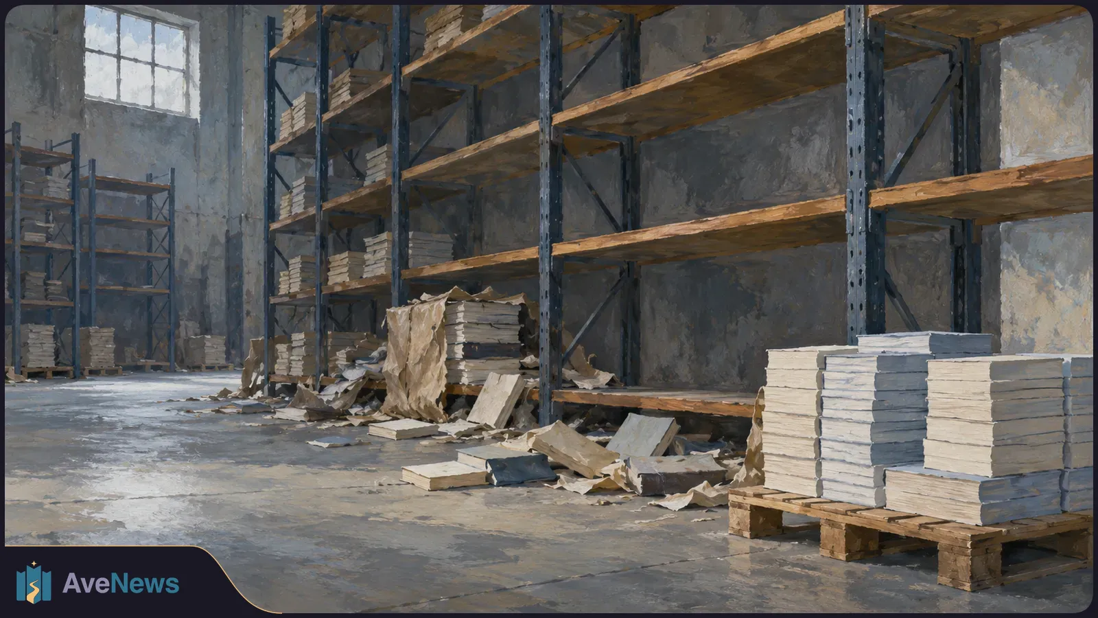 Painted warehouse interior with partly empty shelves, stacks of books on pallets, and loose books and torn paper scattered across the floor. SI illustration