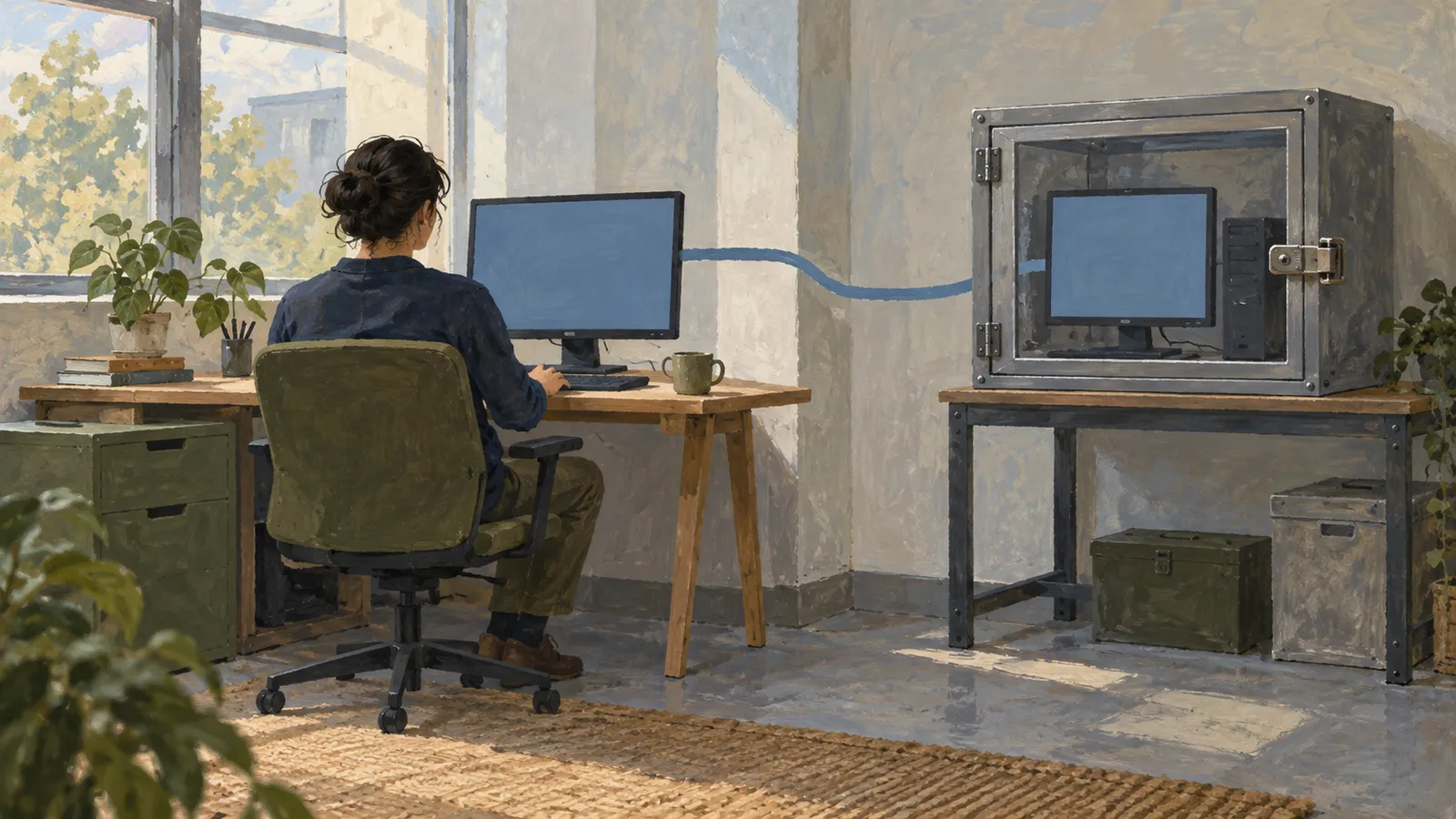 A person sits at a computer in a sunlit room, with a blue line connecting the screen to another computer inside a metal enclosure. SI illustration