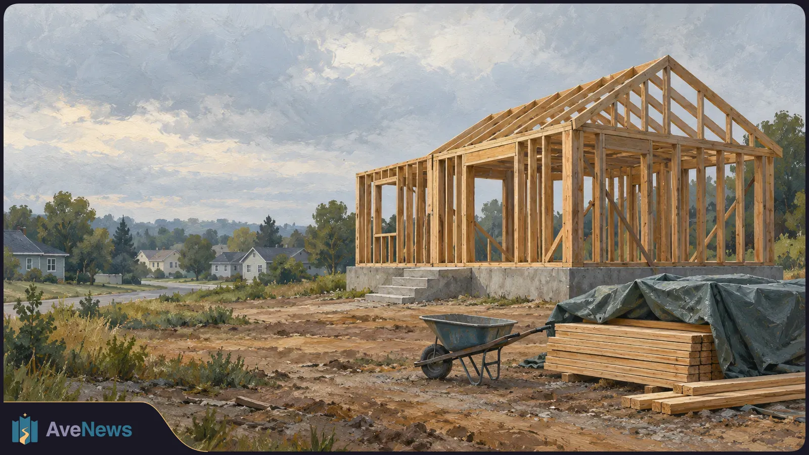 Painted scene of a timber house frame on a concrete foundation, with a wheelbarrow and tarp-covered lumber in the foreground beneath a cloudy sky. SI illustration