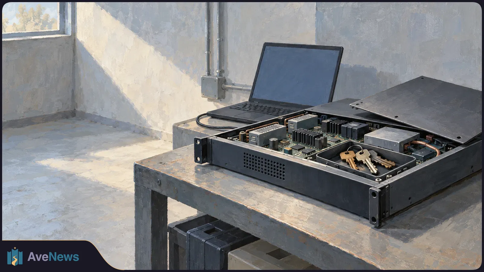 Painted illustration of an open electronic appliance on a workbench, showing circuit boards and a tray of metal keys. A laptop with a blank screen sits behind it. SI illustration