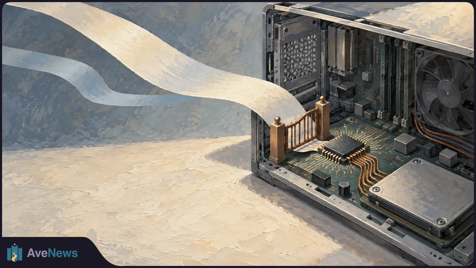 A painted open computer case reveals a circuit board, chip and fan. A small gate stands beside the chip, with pale ribbon-like bands sweeping in from the left. SI illustration