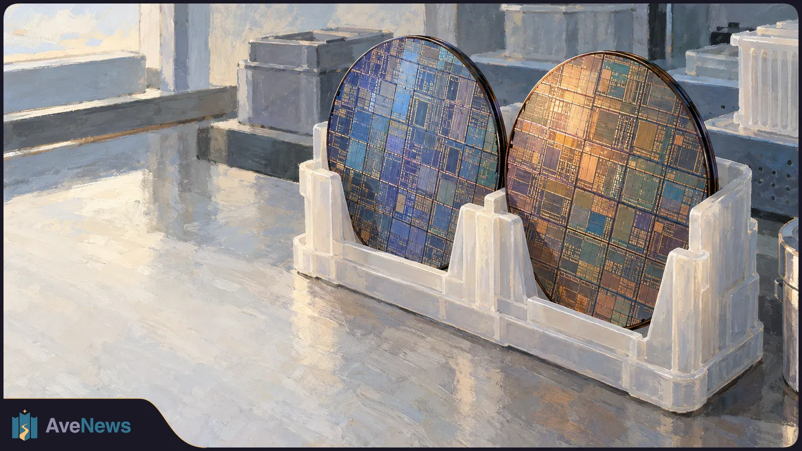 Two patterned silicon wafers, one blue and one copper-toned, stand side by side in a white rack on a reflective work surface. SI illustration