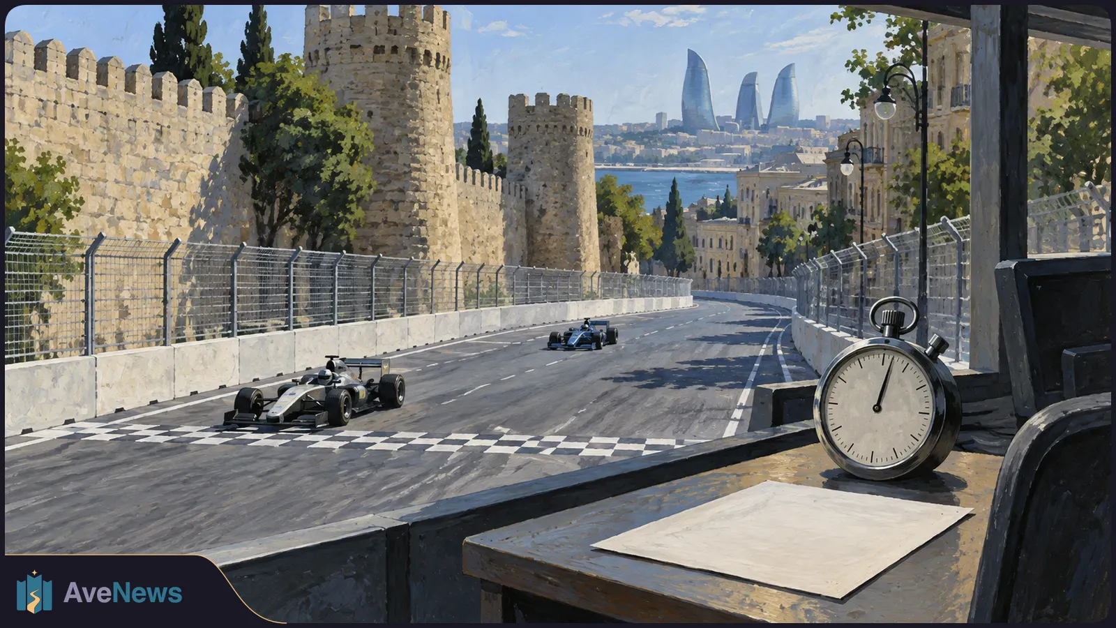 Two open-wheel race cars drive along a fenced street circuit beside stone walls and towers. A stopwatch sits on a table in the foreground. SI illustration
