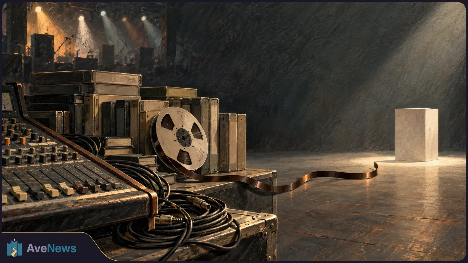 Painted scene of a sound mixing board, coiled cables, stacked cases and a reel of tape beside a dimly lit stage; a strip of tape trails toward a white block under a spotlight. SI illustration