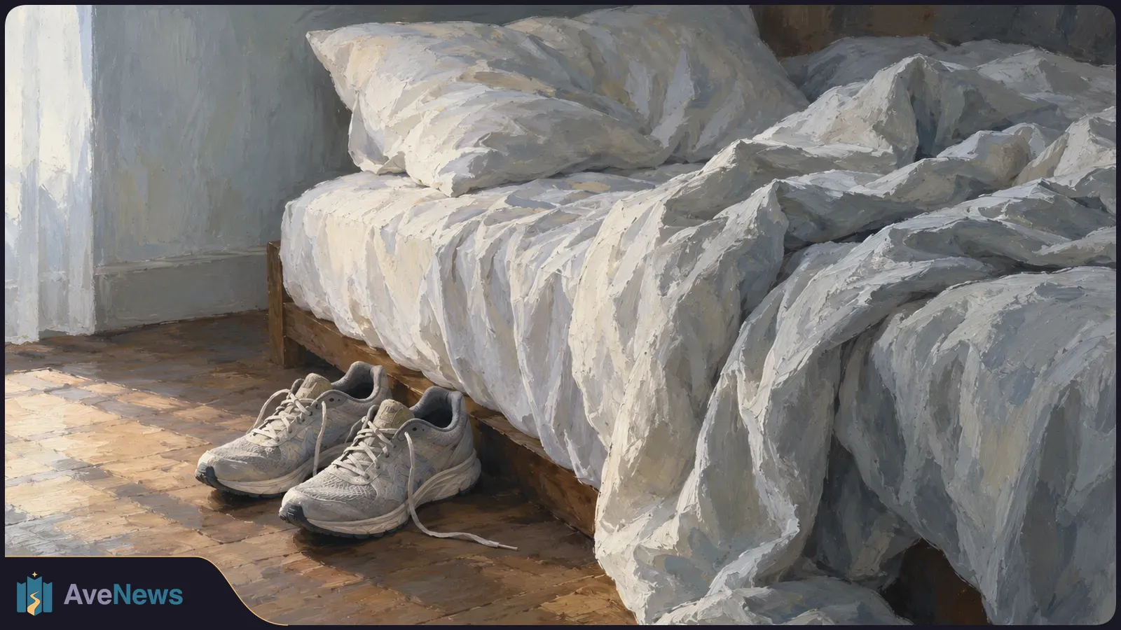 Illustration of an unmade bed with white pillows and a rumpled duvet. A pair of gray running shoes sits on the wooden floor beside it, near a sunlit window. SI illustration