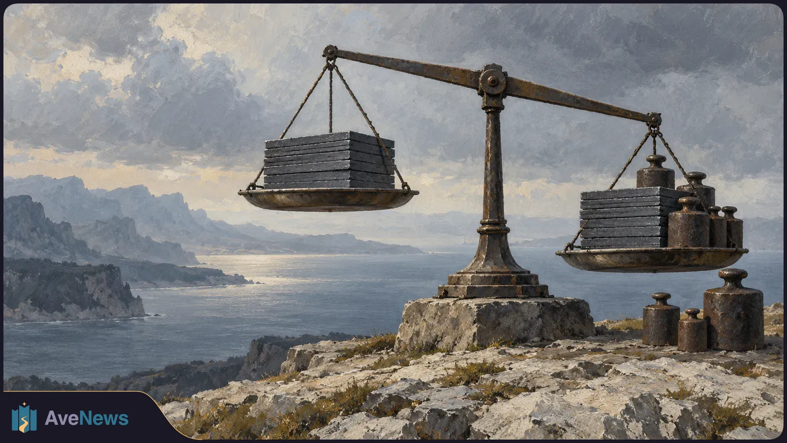 Painted balance scale on a rocky coast: stacks of gray slabs sit on both pans, with metal weights on the lower right pan and nearby. Mountains and a cloudy sky fill the background. SI illustration