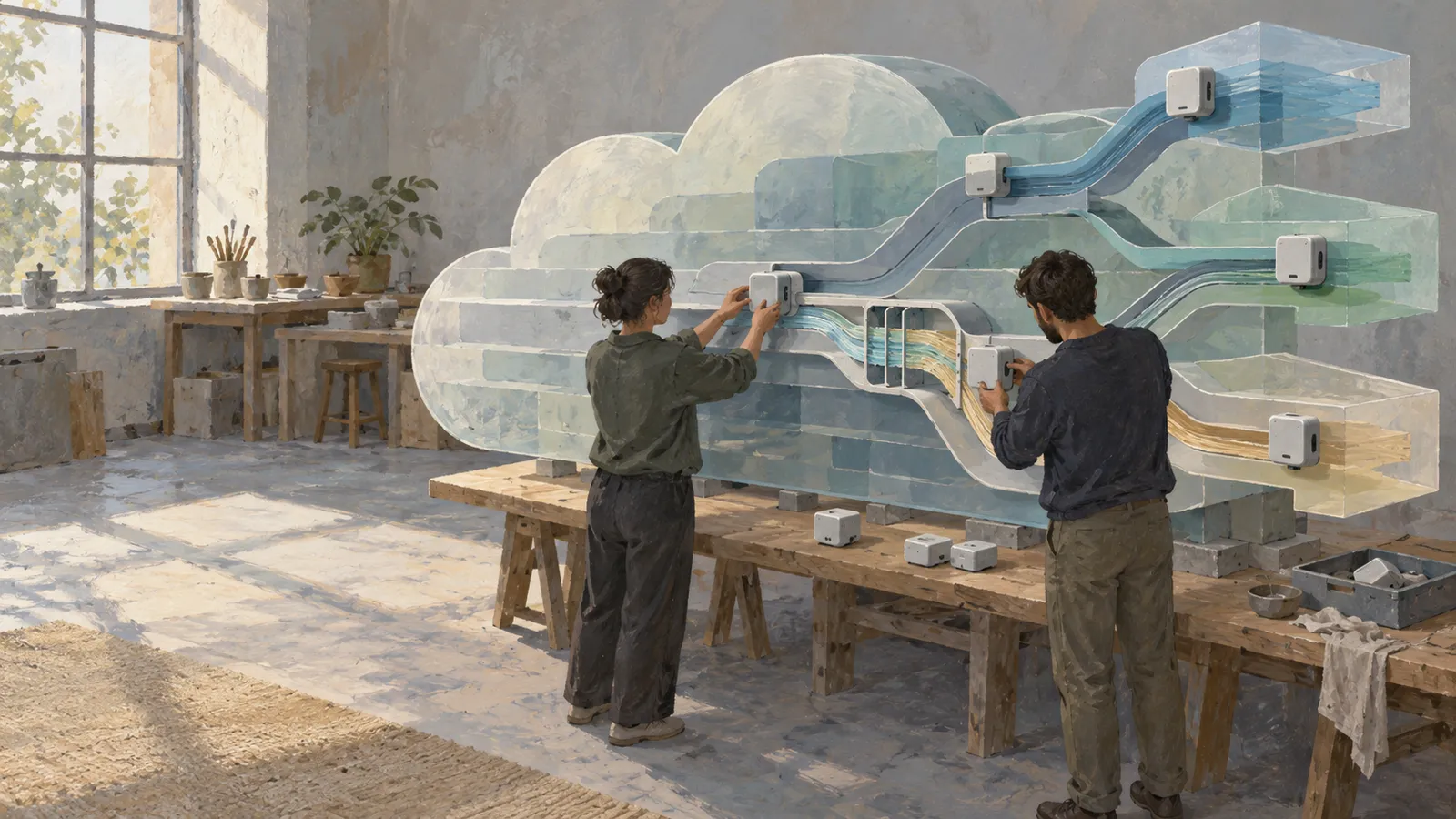 Two people work on a large cloud-shaped model with branching blue, green and yellow channels and small white boxes in a sunlit workshop. SI illustration