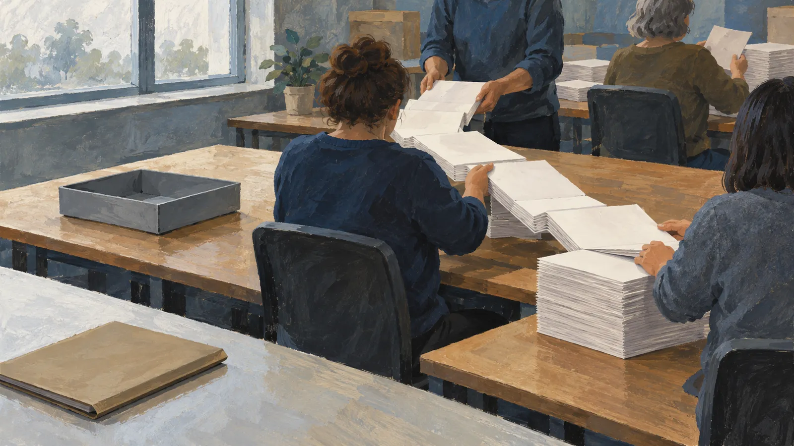 Illustration of people sorting stacks of white papers at wooden tables, with an empty gray tray and a folder nearby. SI illustration