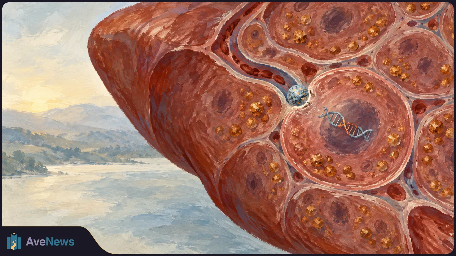 Painted cross-section of a liver with large reddish cells, golden particles and a DNA strand inside one cell, against a pale landscape. SI illustration