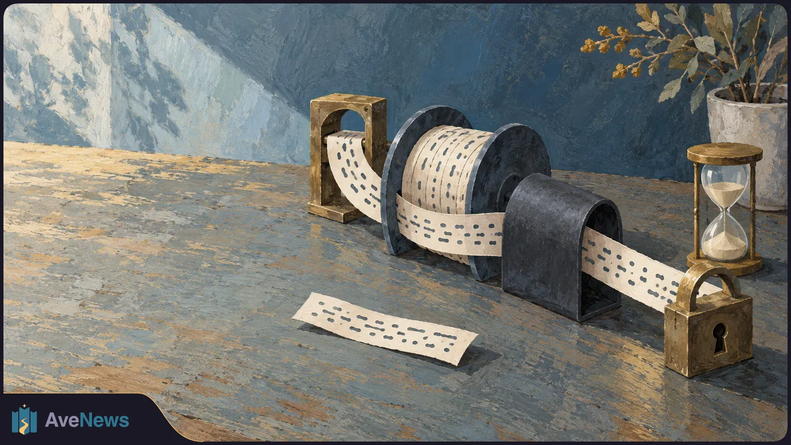 A long strip marked with dots unwinds from a reel toward a padlock, with an hourglass beside it on a blue-gray tabletop. SI illustration